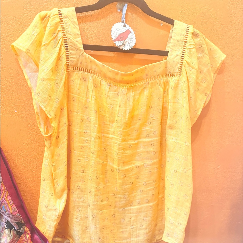 Dolan Left Coast square neck cotton top.
Metallic threads; interesting details.